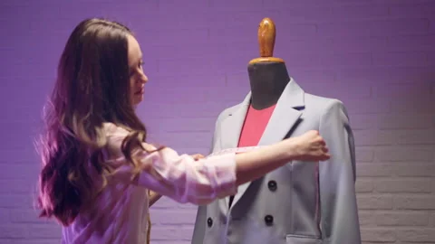 Creative work with fabric in tailor's studio, beautiful smiling fashion designer Stock Footage 271286503