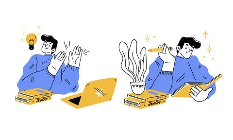 A Creative Work from Home Scene Featuring a Laptop, Notepad, and a Cozy Stock Illustration