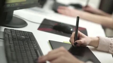 Creative work, illustrator, graphic designer. Close-up: women's hands Stock Footage 84969056