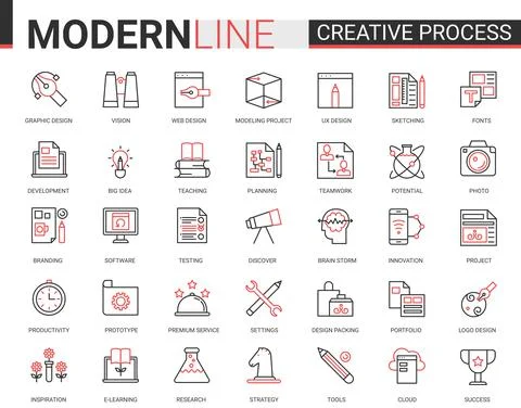 Creative work process red black outline line icons. Statistics, processing data Illustrazione stock