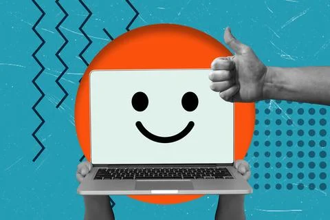 A creative work shows a laptop featuring a smiley face held by hands against  Stock-Fotos