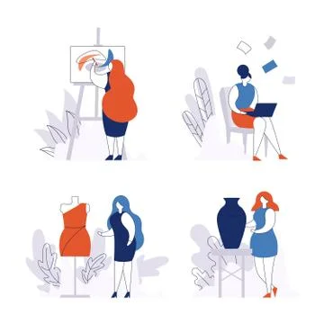 Creative work for woman set of isolated on white vector illustrations. Female Illustrazione stock