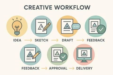 Creative workflow process stages from idea to delivery Ilustração Stock
