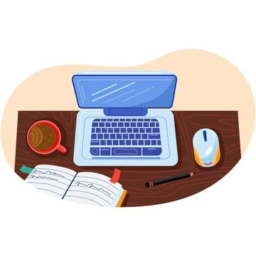 Creative workplace laptop top view vector cartoon Stock Illustration