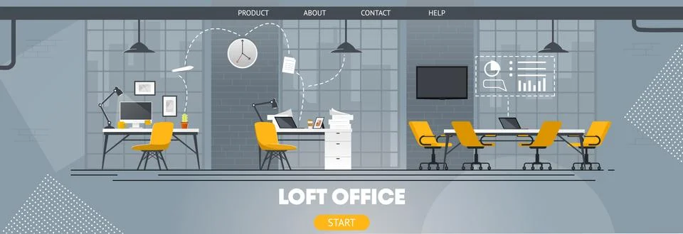 Creative Workplace Loft Office Flat Cartoon Banner Stock Illustration