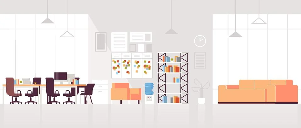 Creative workplace modern open space empty nobody office interior contemporary Ilustração Stock