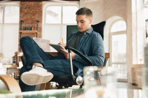 Creative workplace - organized work space as you like for inspiration, man Stock Photos