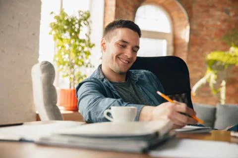 Creative workplace - organized work space as you like for inspiration, man Stock Photos