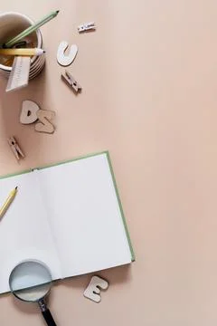 Creative workplace top view, blank paper notepad for plan Stock Photos