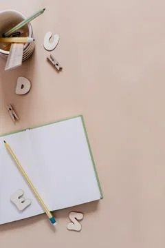 Creative workplace top view, blank paper notepad for plan Stock Photos