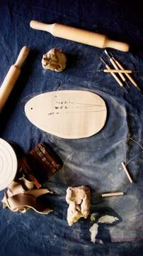 Creative workshop in clay. The tool of the ceramist. Stacks, rolling pin, knife Stock Photos