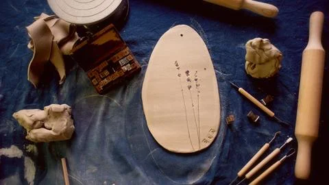 Creative workshop in clay. The tool of the ceramist. Stacks, rolling pin, knife Stock Photos