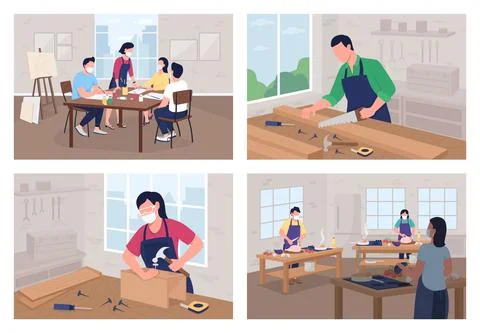 Creative workshop flat color vector illustration set Stock Illustration