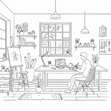 Creative workspace with artist working on laptop and drawing Silhouette Иллюстрация