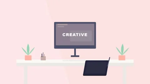 Creative Workspace with Computer and Plants. Stockbeeldmateriaal 333824747