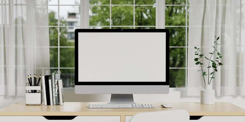 Creative workspace with computer blank screen mockup is on a table in a modern Stock Illustration