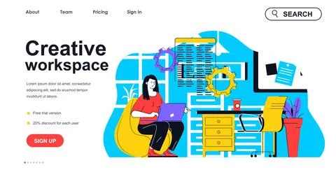 Creative workspace concept for landing page template. Woman working on laptop Stock Illustration