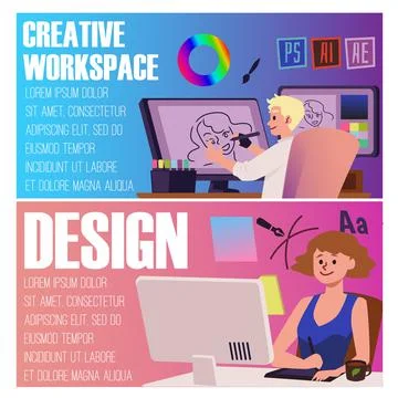 Creative workspace for digital artists and designers, flat vector illustratio Ilustración de archivo