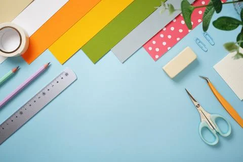 Creative workspace for DIY projects. Colorful stationery and craft supplies o Stock Photos