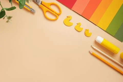Creative workspace for DIY projects. Colorful paper and craft supplies on b.. Stock Photos