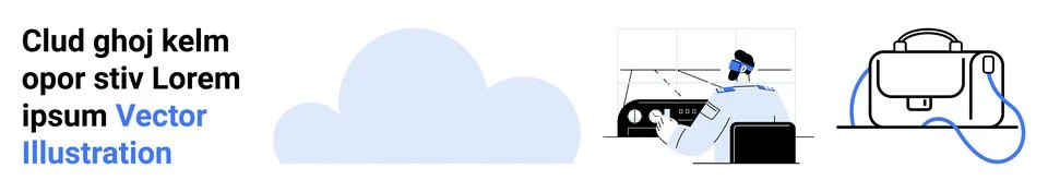 Creative Workspace Elements with Cloud, Professional at Desk, and Modern Ba.. Stock Illustration