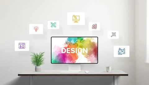 Creative workspace showing design process through symbolic icons Stock Photos