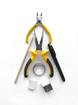 Creative workspace. Tools and supplies arrangement for crafting and diy projects Stock Photos
