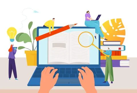 Creative writer work with laptop, writing bestseller book tiny people together Ilustración de archivo