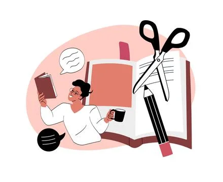 Creative writing and editing concept with book, scissors, and pencil. Stock Illustration