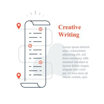 Creative writing concept, copywriting or storytelling course, paper scroll, t Illustrazione stock