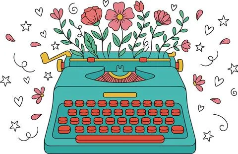 Creative Writing Concept with Vintage Typewriter and Blooming Flowers. Stock Illustration