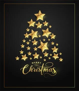 Creative Xmas tree made by golden stars with baubles and snowflake on blue backg Stock Illustration