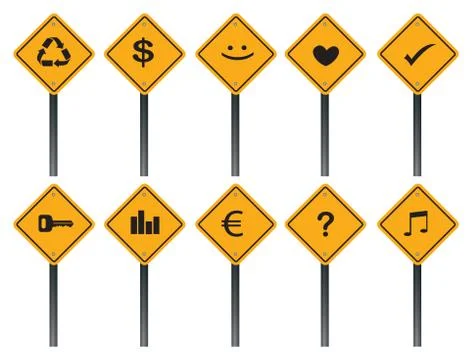 Creative Yellow Road Signs with Different Symbols Stock Illustration