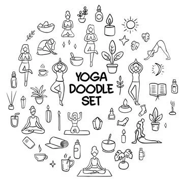 A Creative Yoga Doodle Set Showcasing Diverse Yoga Poses, Symbols, and Stock Illustration