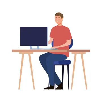 Creative young man using desktop character 스톡 일러스트