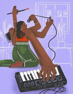Creative young woman multitasking various hobbies - playing piano, singing, and Ilustración de archivo