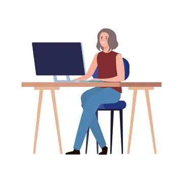 Creative young woman using desktop character 스톡 일러스트