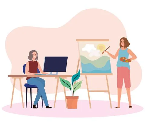 Creative young women using computer and painting picture characters イラスト素材