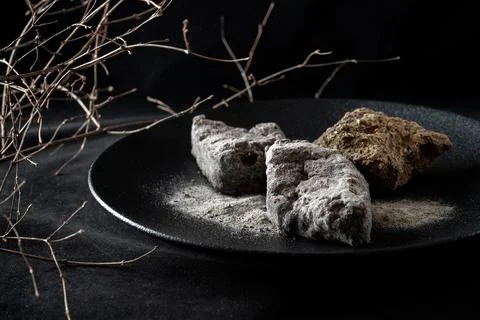 A creatively designed dessert featuring chocolate in a unique artistic presen Stock Photos