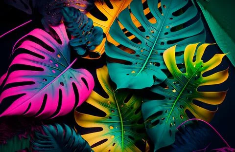 Creativet color layout made of tropical leaves. Flat lay neon colors. 库存插图