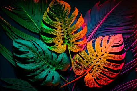 Creativet color layout made of tropical leaves. Flat lay neon colors. 库存插图