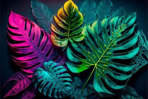 Creativet color layout made of tropical leaves. Flat lay neon colors. 库存插图