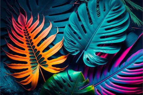 Creativet color layout made of tropical leaves. Flat lay neon colors. 库存插图