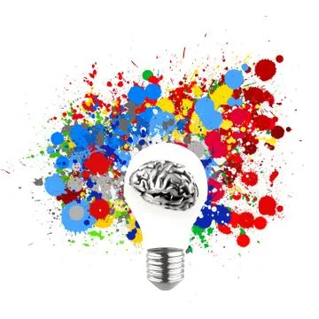 Creativity 3d metal human brain in visible light bulb with splash colors back Stock-Illustration