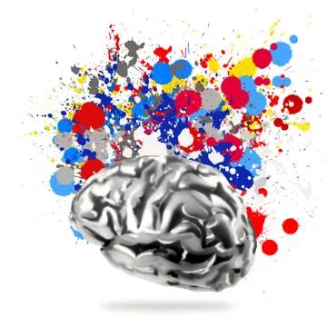 Creativity 3d metal human brain with splash colors background as concept Stock Illustration