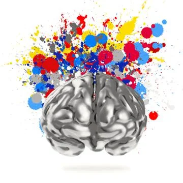 Creativity 3d metal human brain with splash colors background as concept Stock Illustration