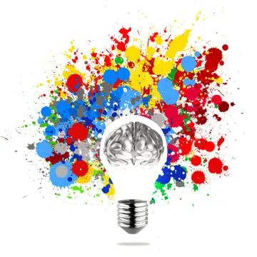 Creativity 3d metal human brain in visible light bulb with splash colors back 库存插图