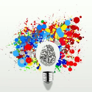 Creativity 3d metal human brain in visible light bulb with splash colors back Stock Illustration
