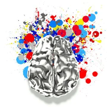 Creativity 3d metal human brain with splash colors background as concept Stock-Illustration