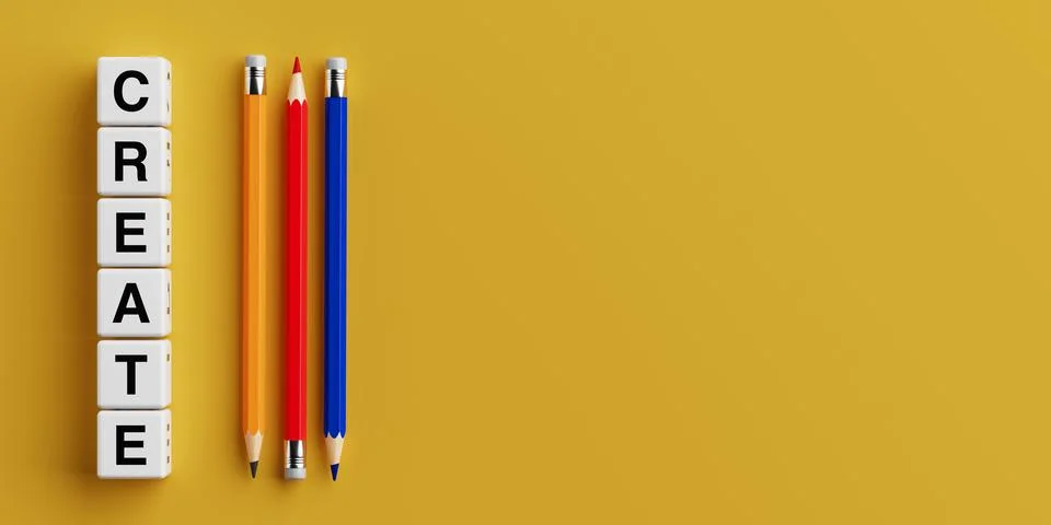 Creativity And Education Concept. Cubes with Create Word and Colorful Penci.. Illustrazione stock